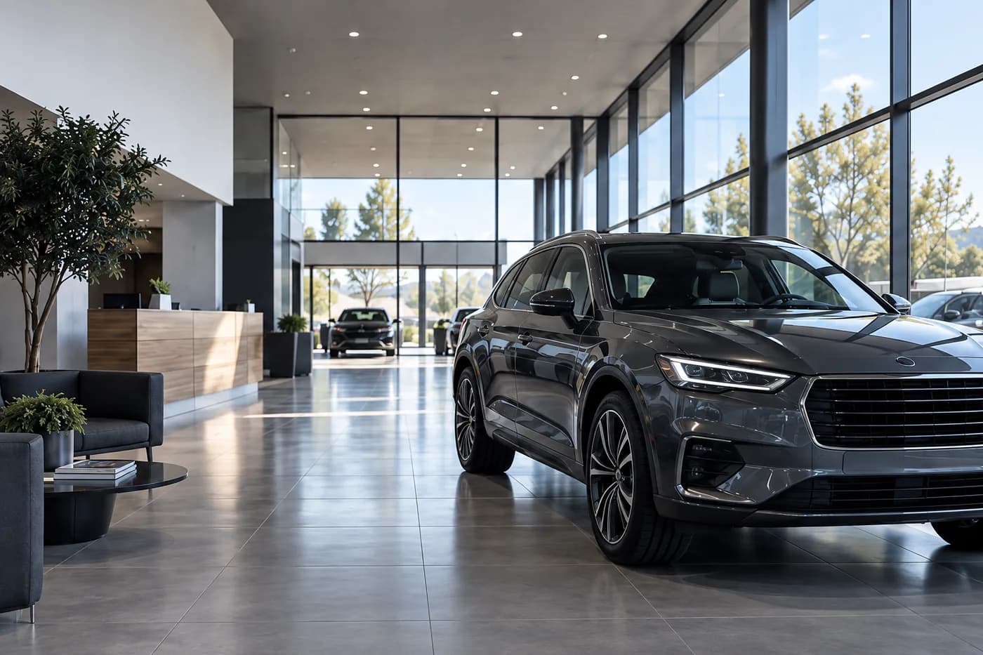 Visualización de un showroom automotriz moderno con un SUV
